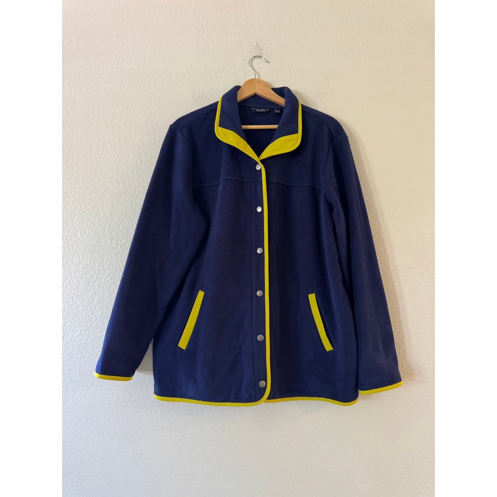 Susan Graver Weekend Fleece Jacket Snap Front Contrast Trim Large Navy Blue Exc